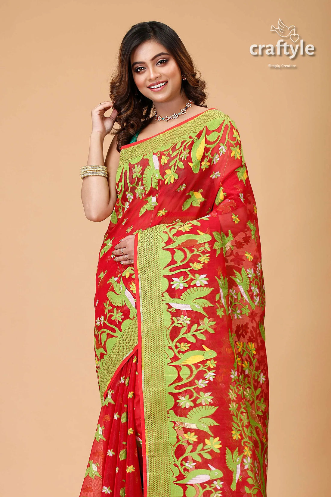 Crimson red bengal handloom jamdani saree green floral bird 2