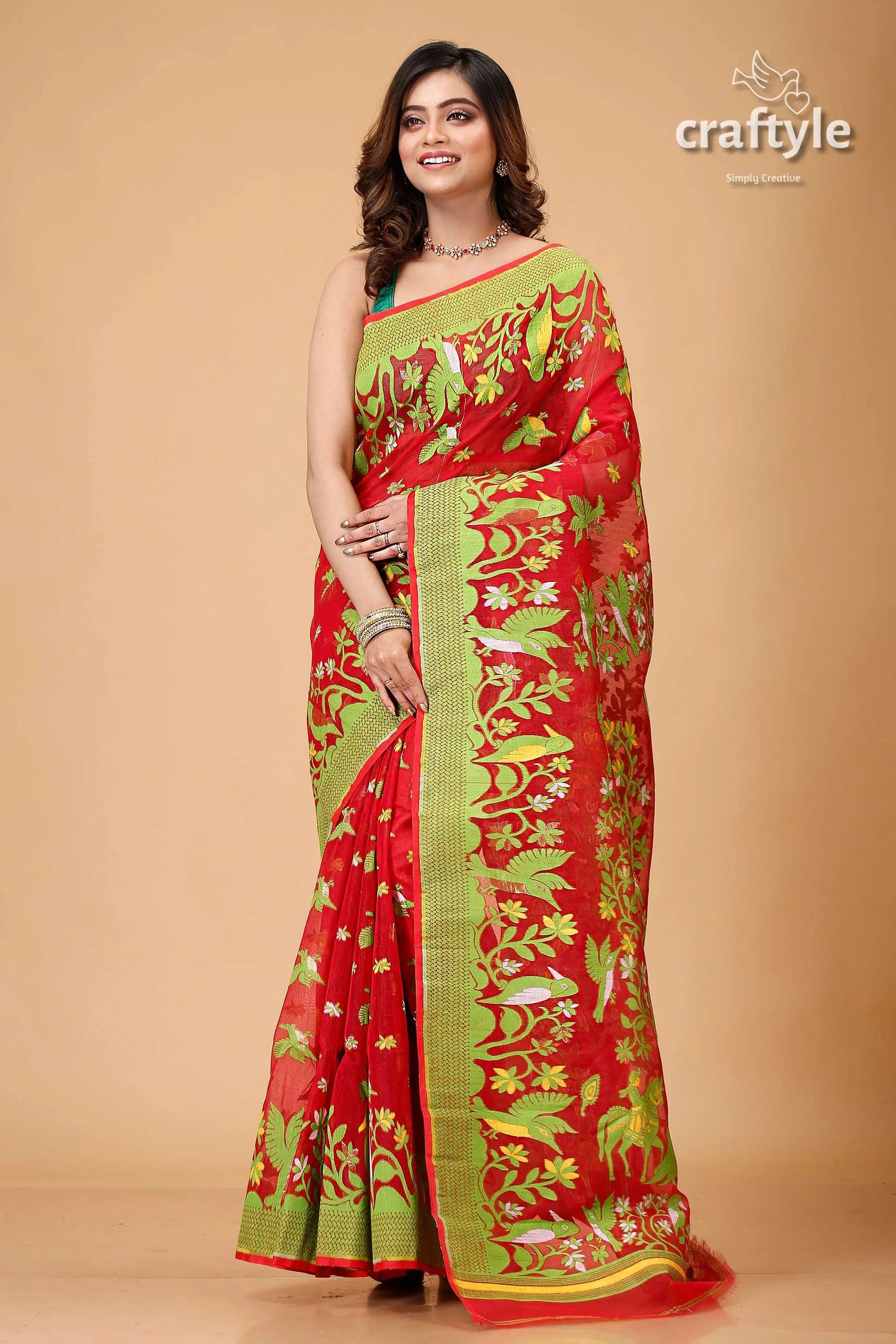 Crimson red bengal handloom jamdani saree red saree green border floral 1