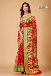 Crimson red bengal handloom jamdani saree red saree green border floral 1