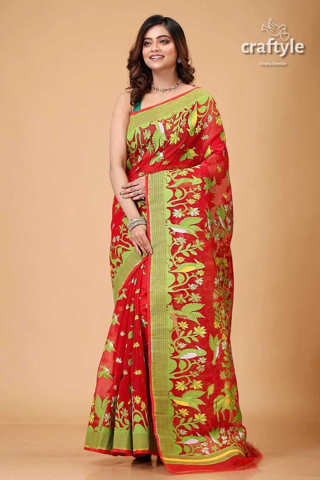 Crimson red bengal handloom jamdani saree green border floral 1