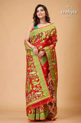 Crimson red bengal handloom jamdani saree red green patterned saree 4