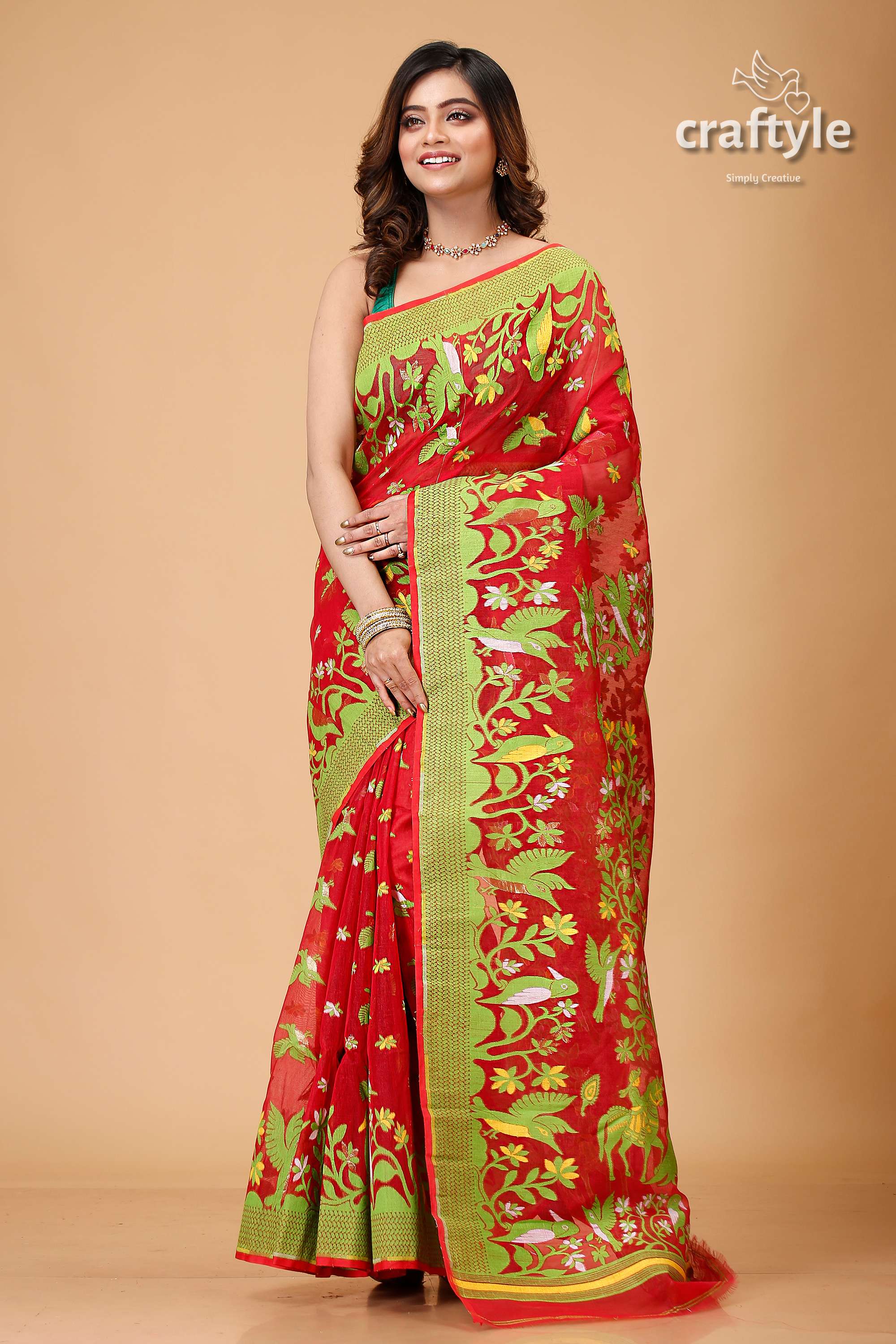 Crimson Red Bengal Handloom Jamdani Saree-Craftyle