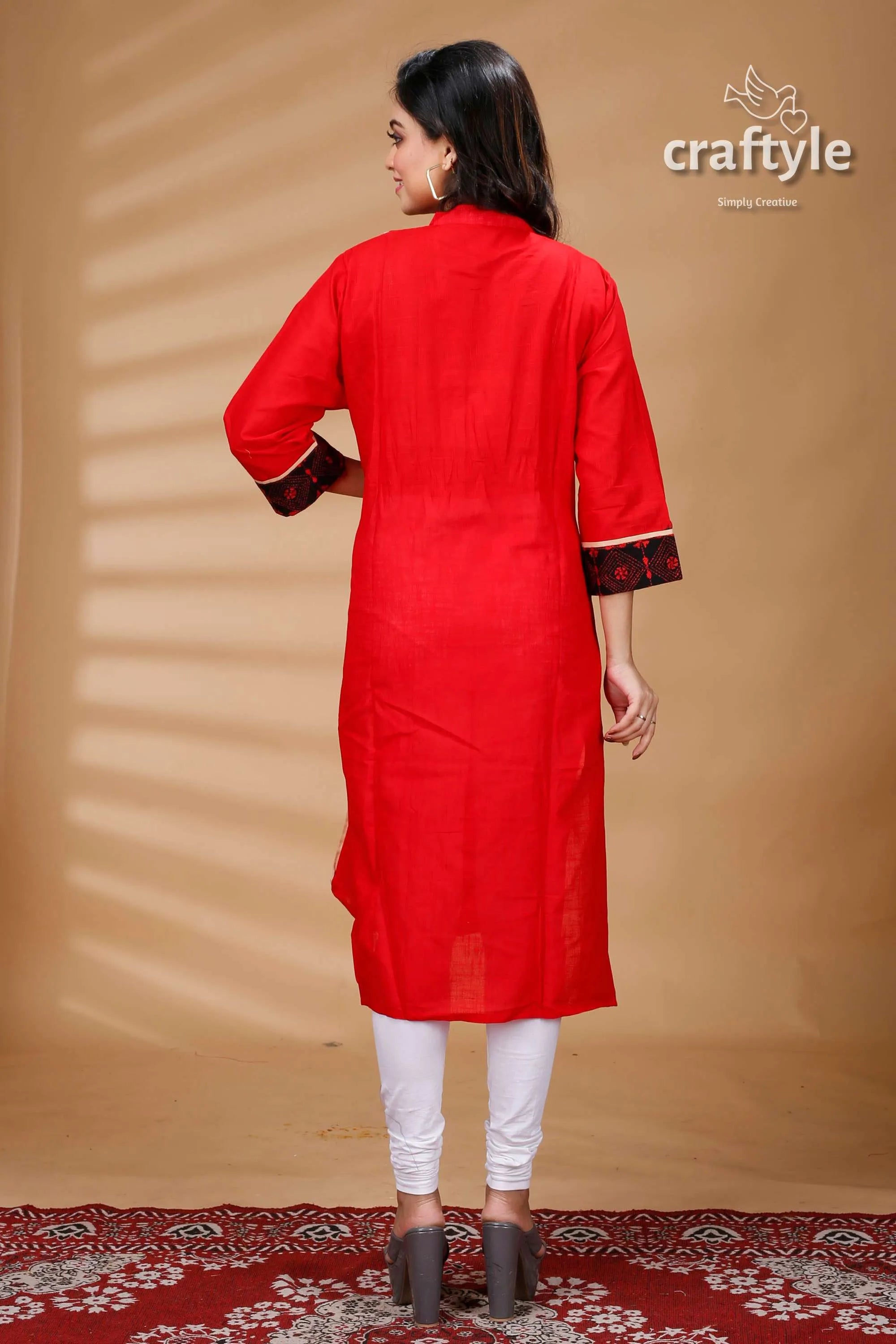 Crimson red black cotton kantha designer kurti for women kurta patterned cuffs 5