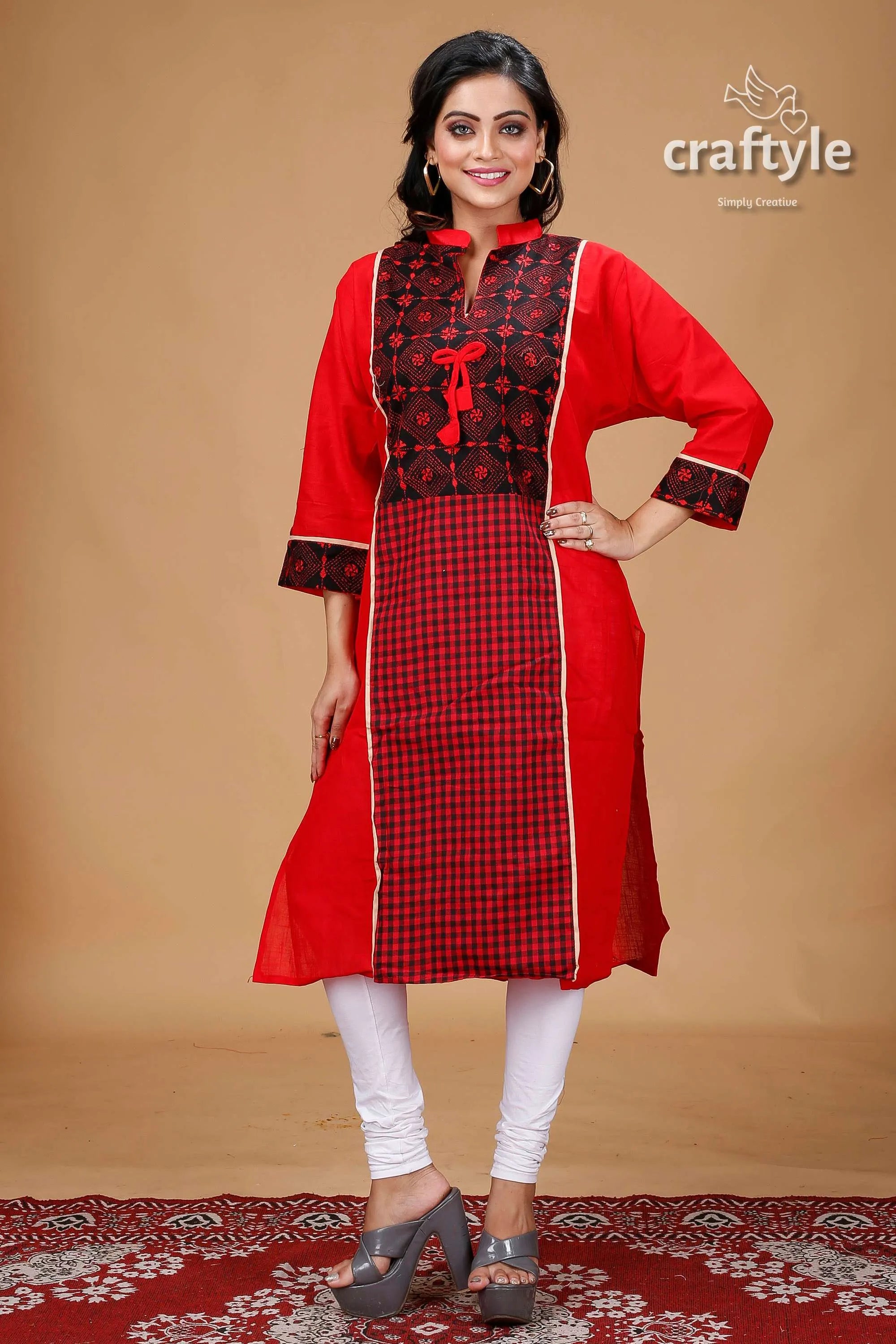 Crimson red black cotton kantha designer kurti for women patterned tunic 4