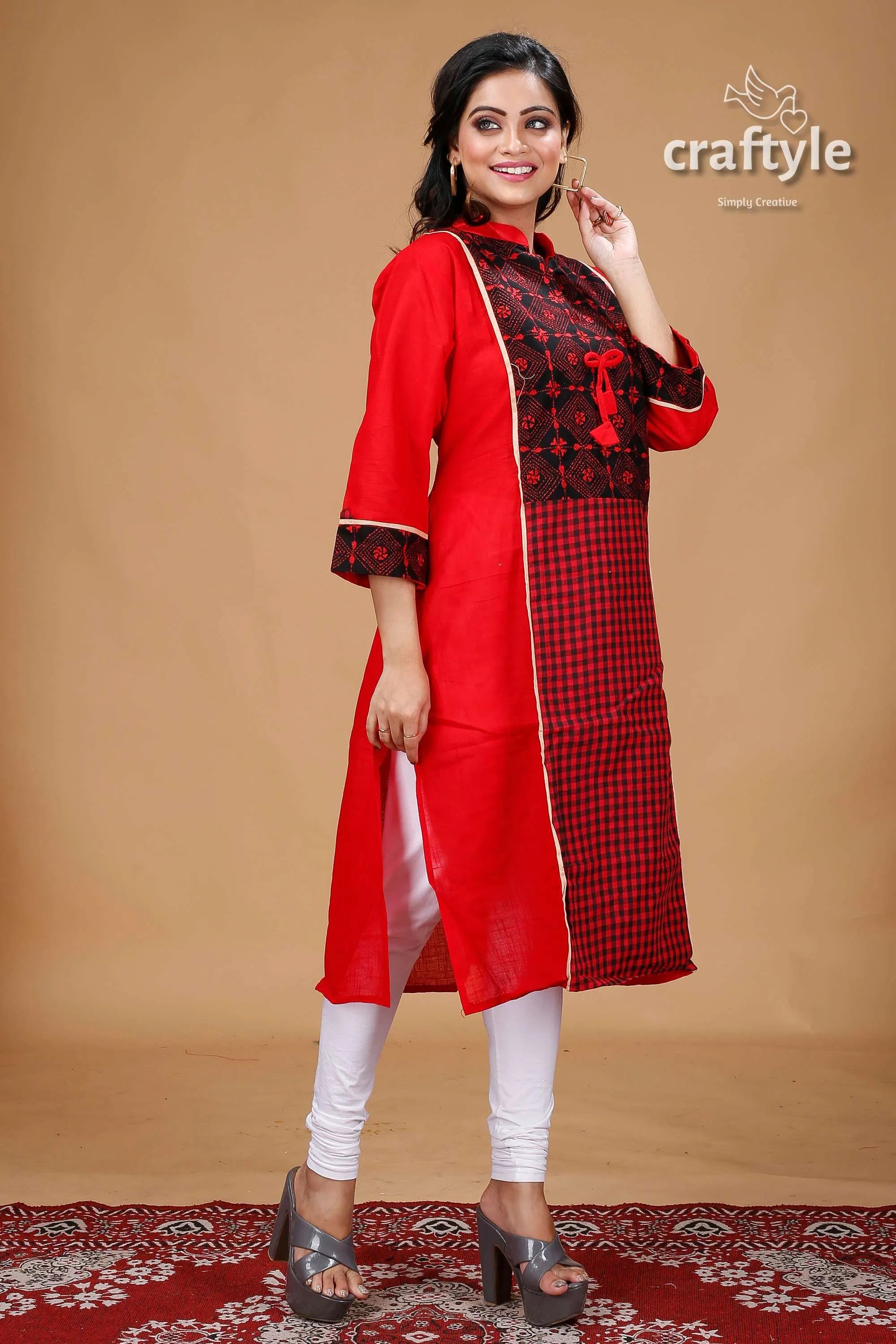 Crimson red black cotton kantha designer kurti for women patterned tunic 3