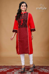 Crimson red black cotton kantha designer kurti for women red black patterned kurta 1