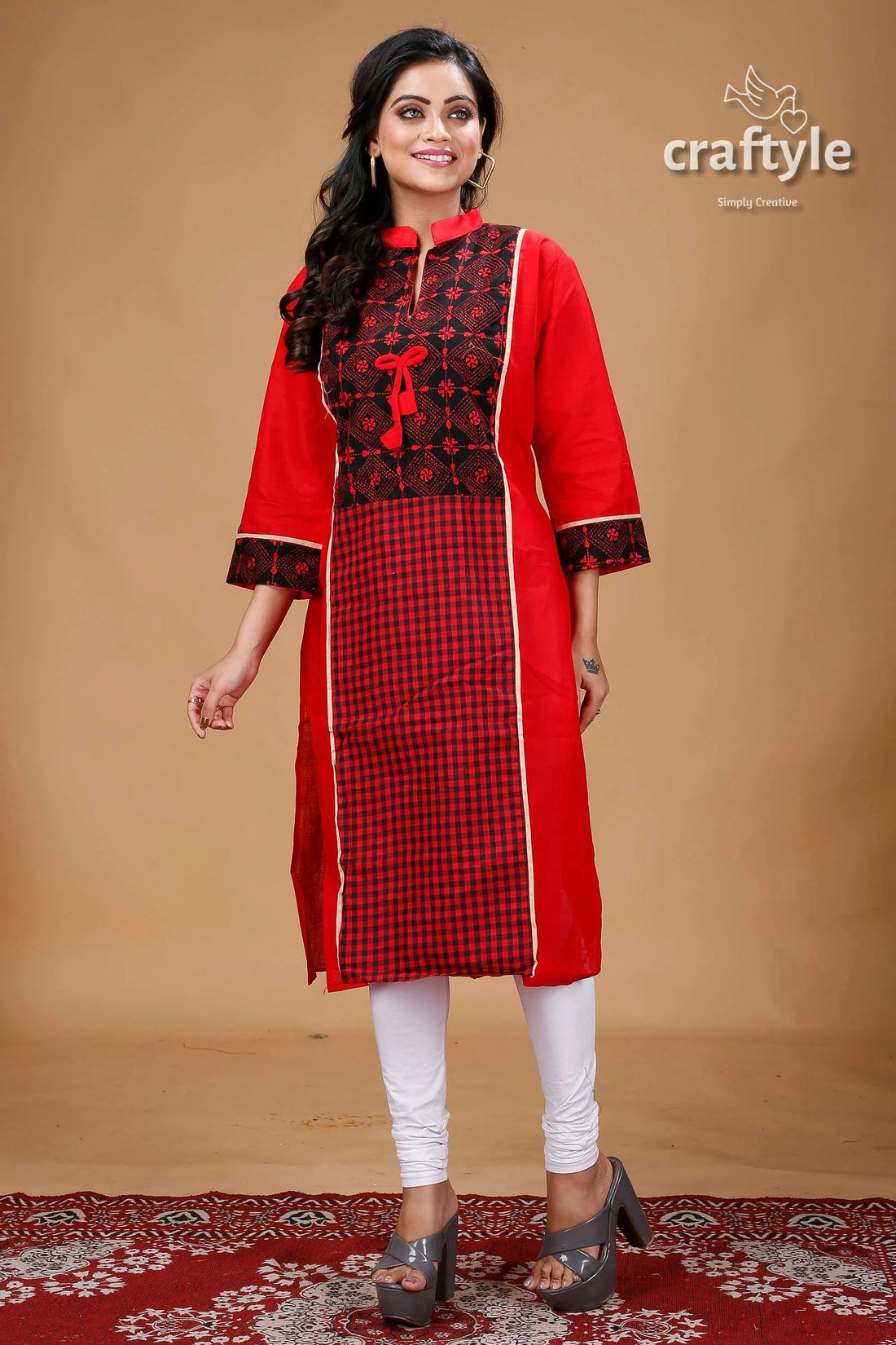 Crimson red black cotton kantha designer kurti for women patterned kurta 1