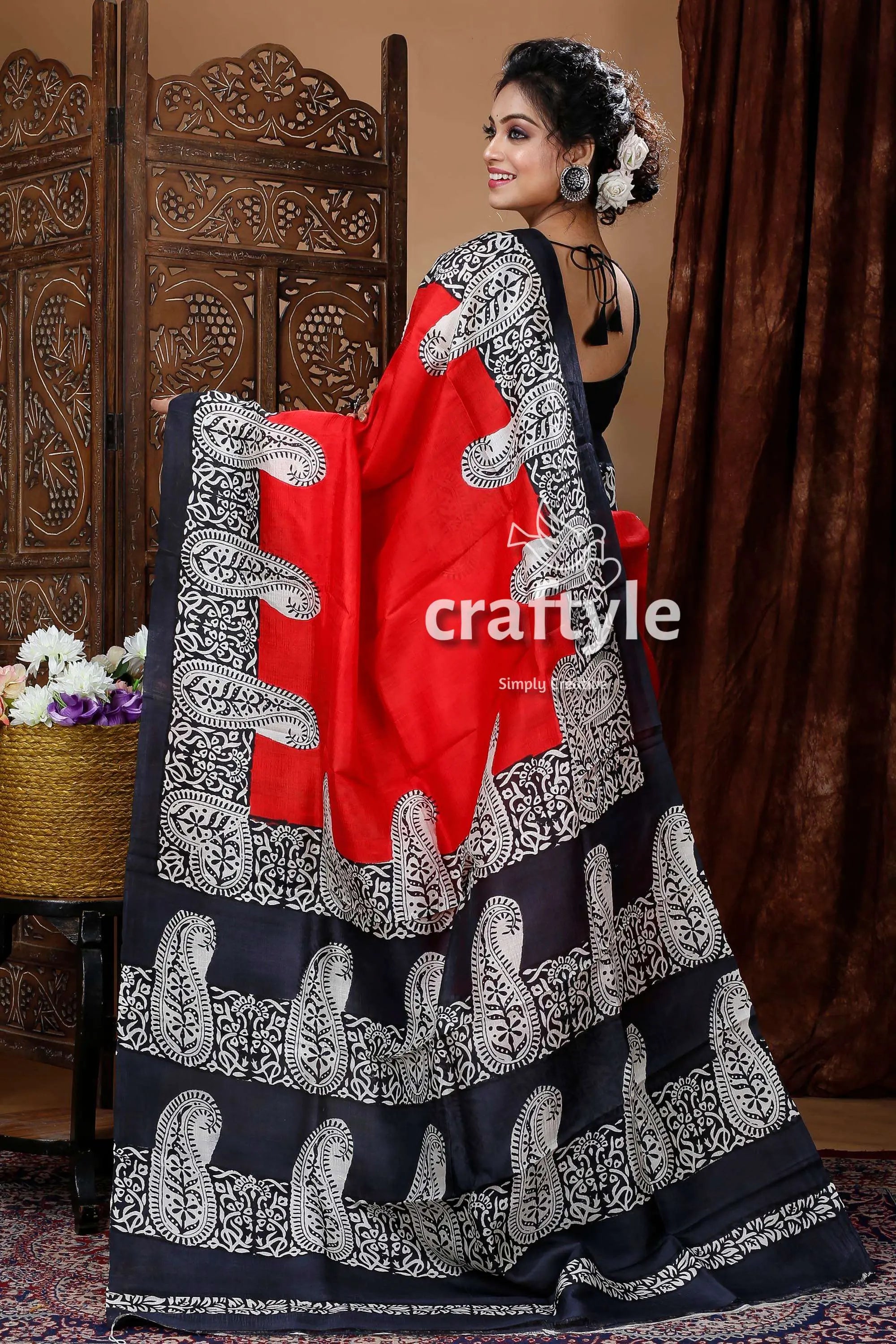 Crimson red & black hand block mulberry pure silk saree red black paisley saree 2