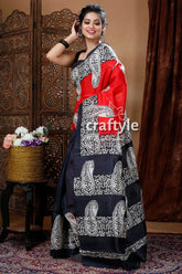 Crimson red & black hand block mulberry pure silk saree woman red black paisley saree 4