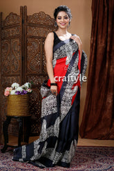 Crimson red & black hand block mulberry pure silk saree woman red black saree 5