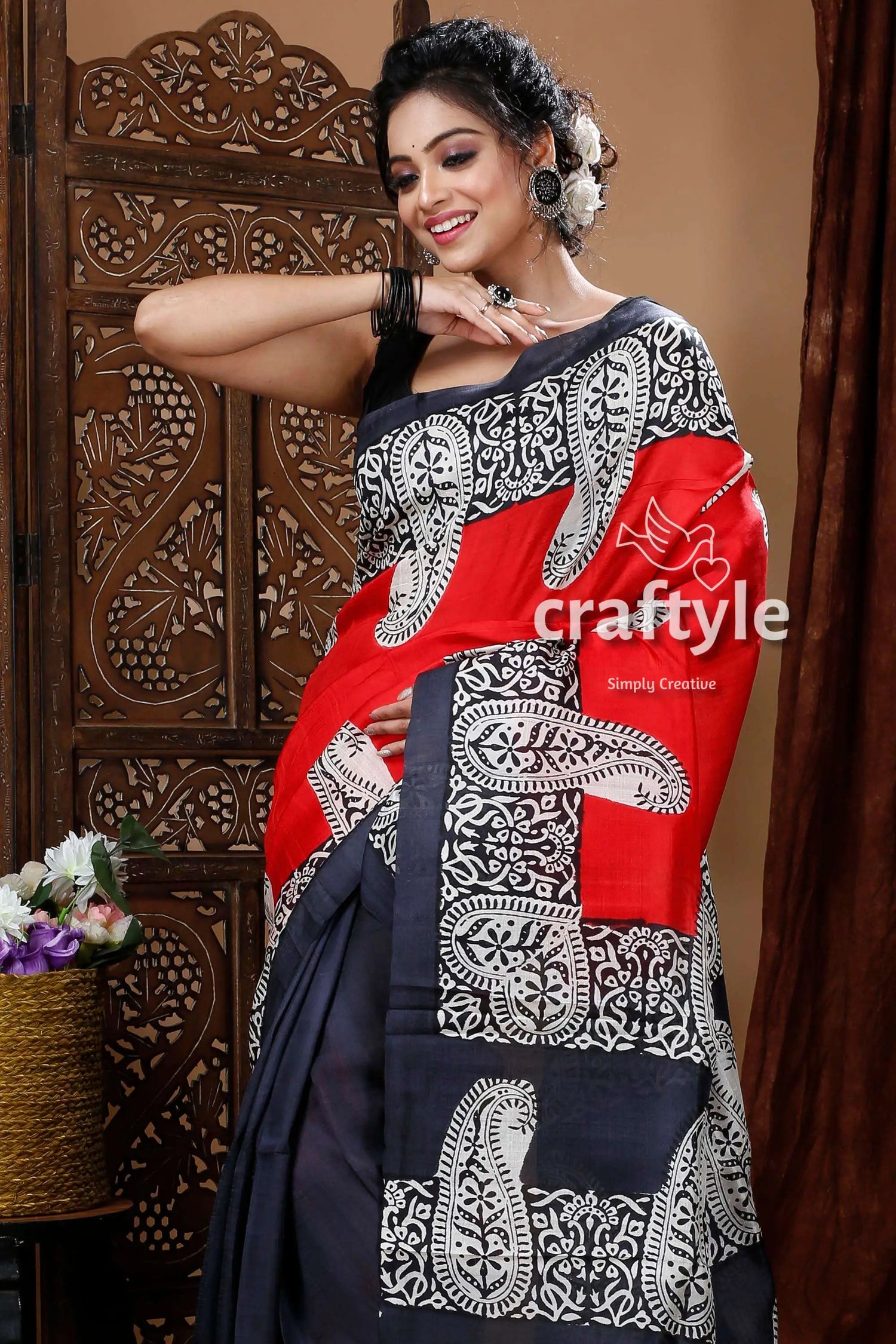 Crimson red & black hand block mulberry pure silk saree red gray saree paisley pattern 3