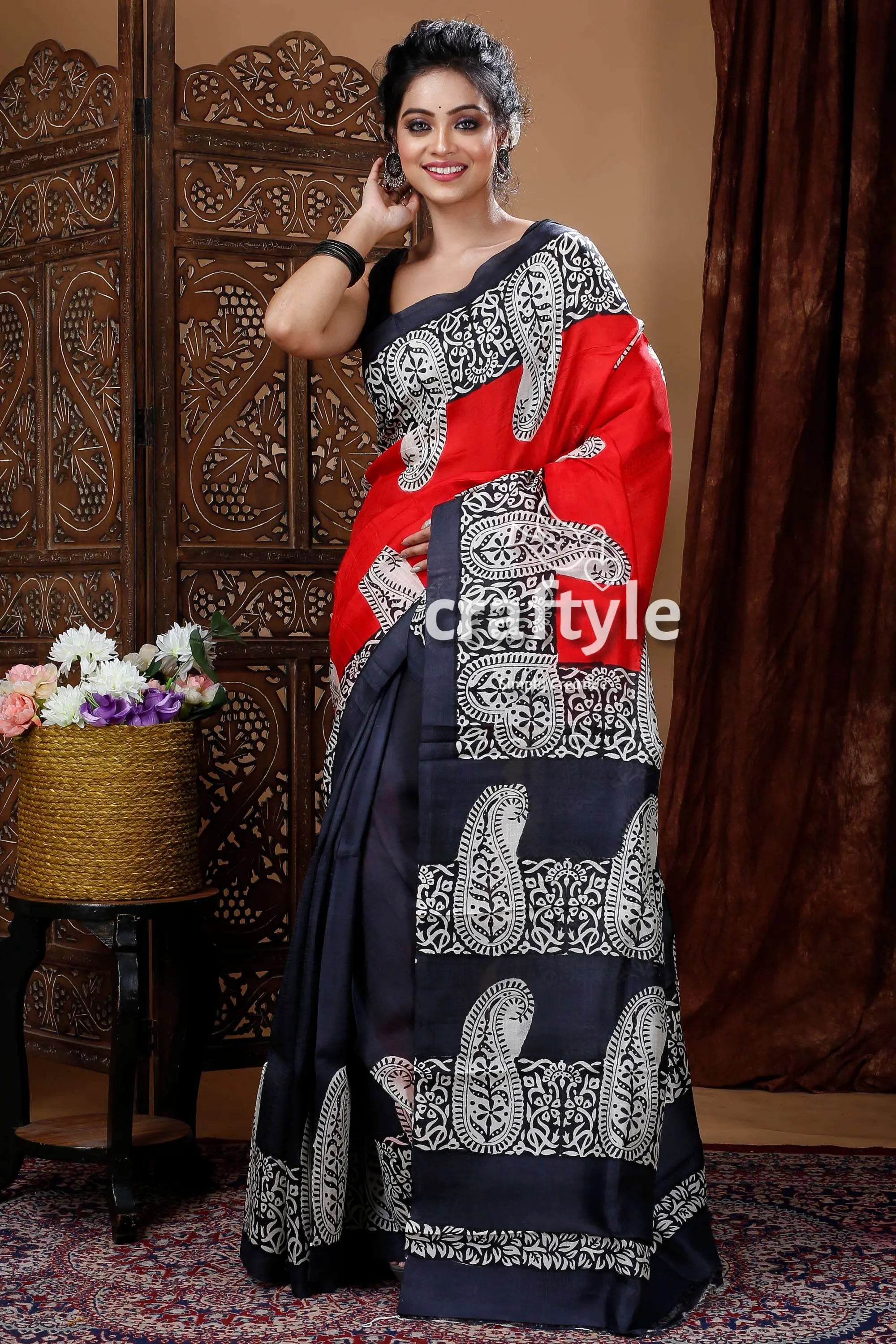 Crimson red & black hand block mulberry pure silk saree red navy blue saree white 1
