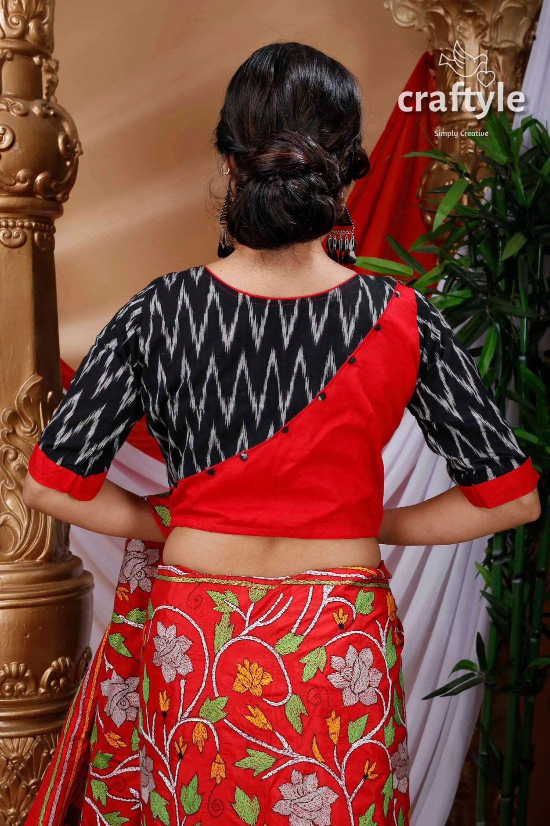 Crimson red & black ikkat print designer cotton blouse patterned 2
