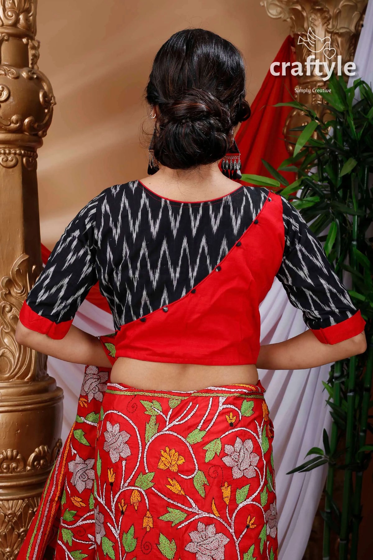 Crimson red & black ikkat print designer cotton blouse patterned 2