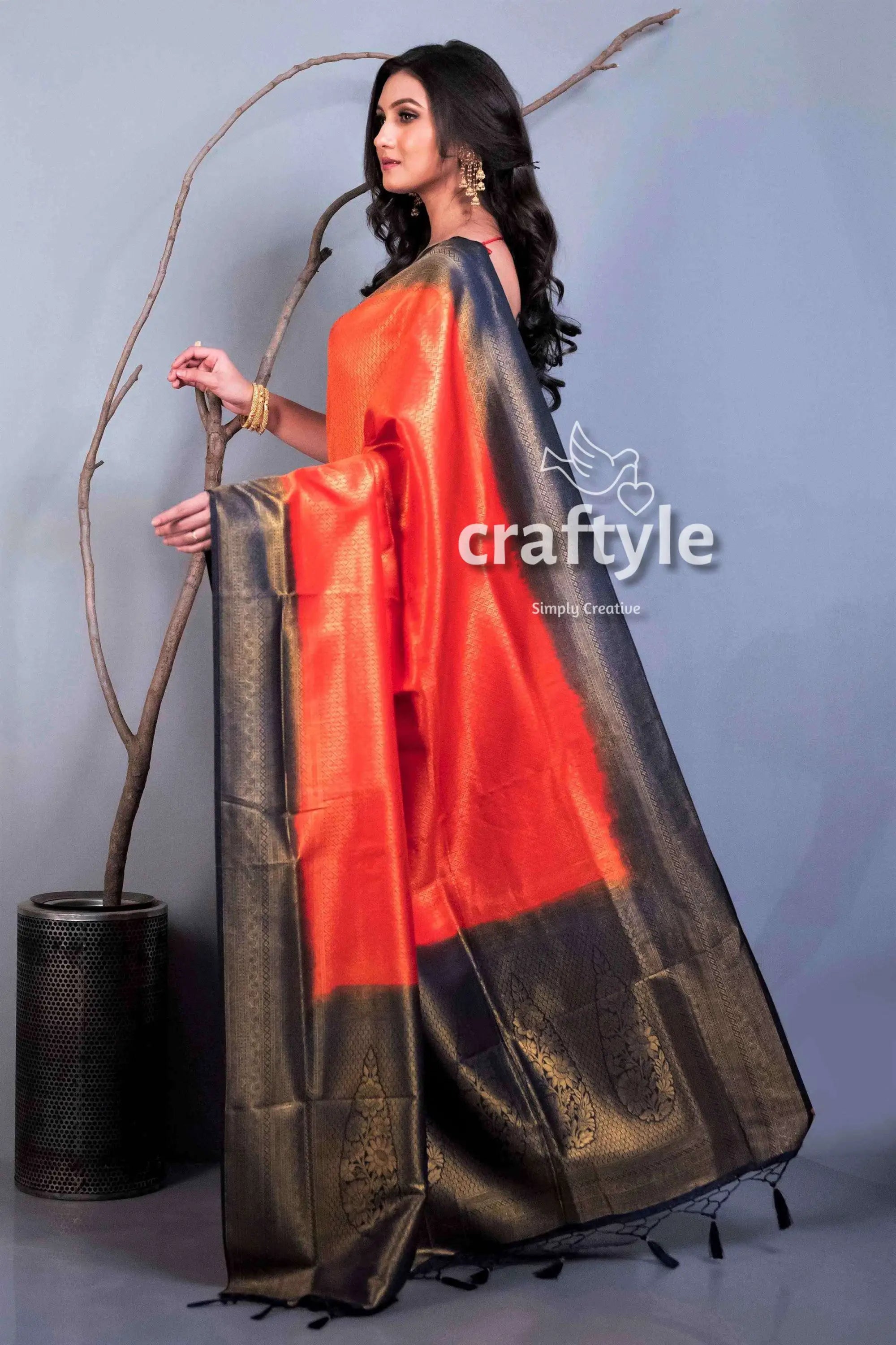 Crimson red blended silk brocade kanjivaram saree for women orange black saree 4