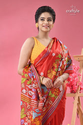 Crimson red exquisite silk kantha sari woman red yellow floral patterned 2