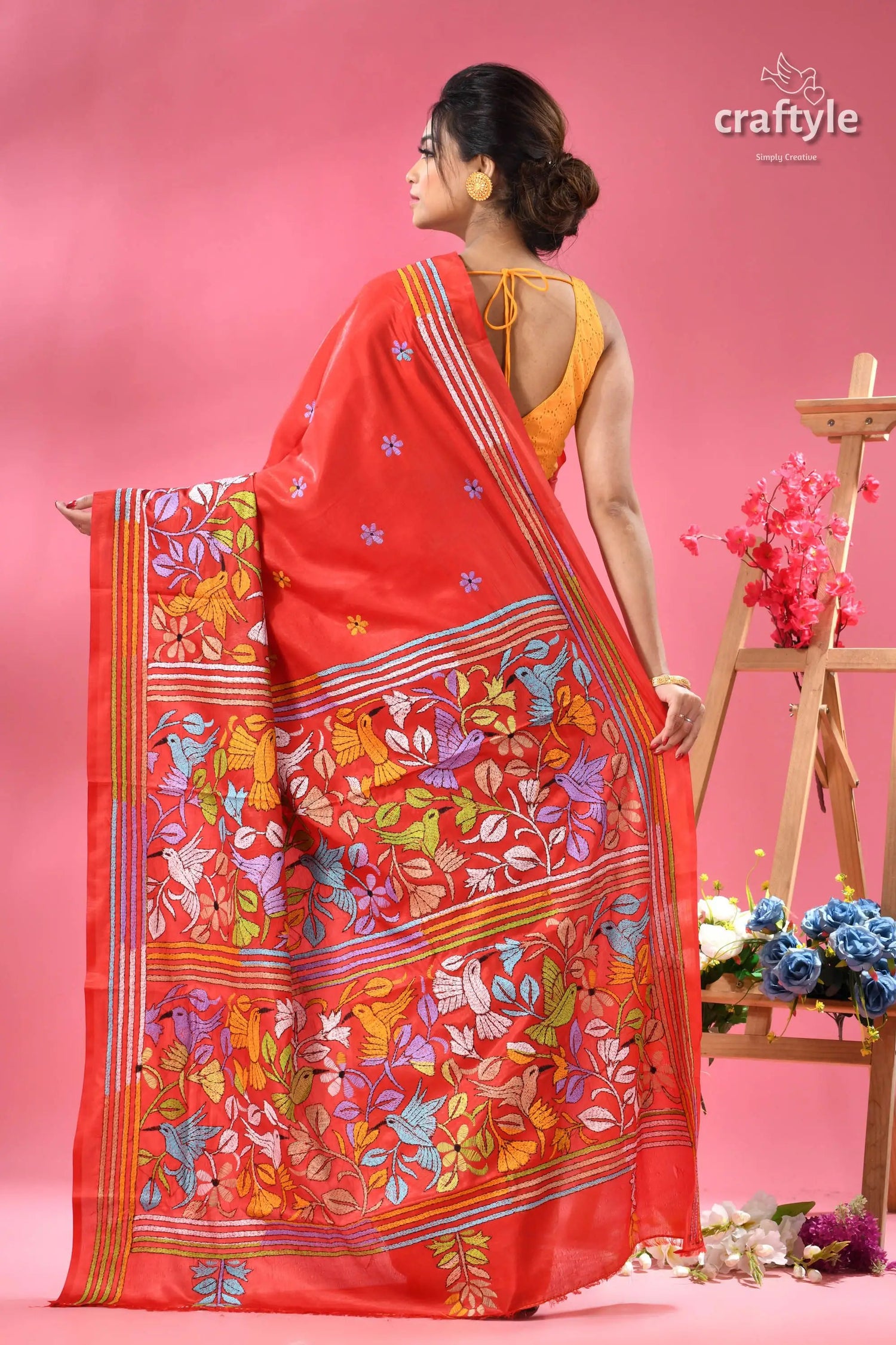 Crimson red exquisite silk kantha sari vibrant red saree adorned colorful 5