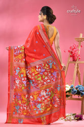 Crimson red exquisite silk kantha sari vibrant red saree adorned colorful 5