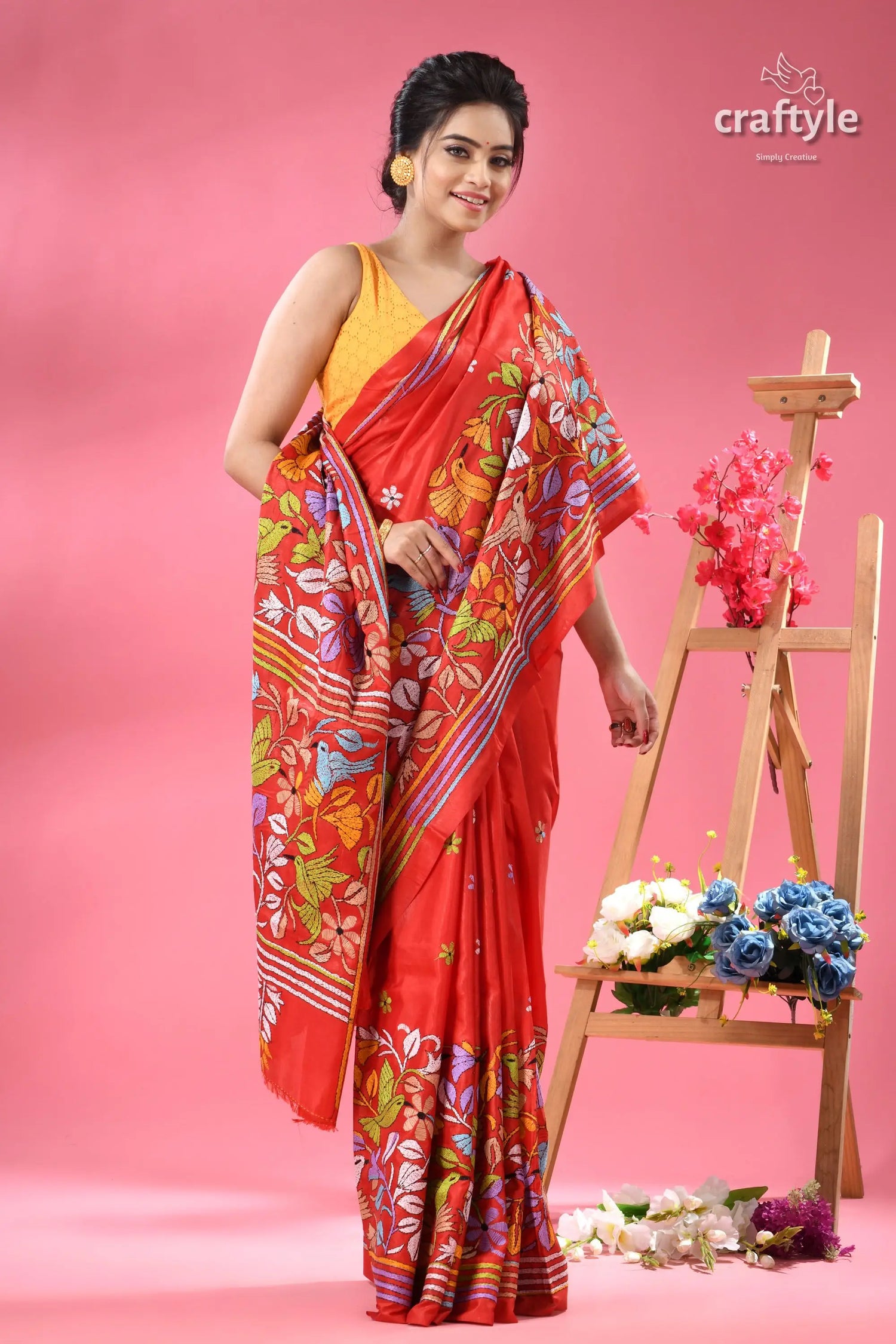 Crimson red exquisite silk kantha sari red yellow floral embroidered saree 4