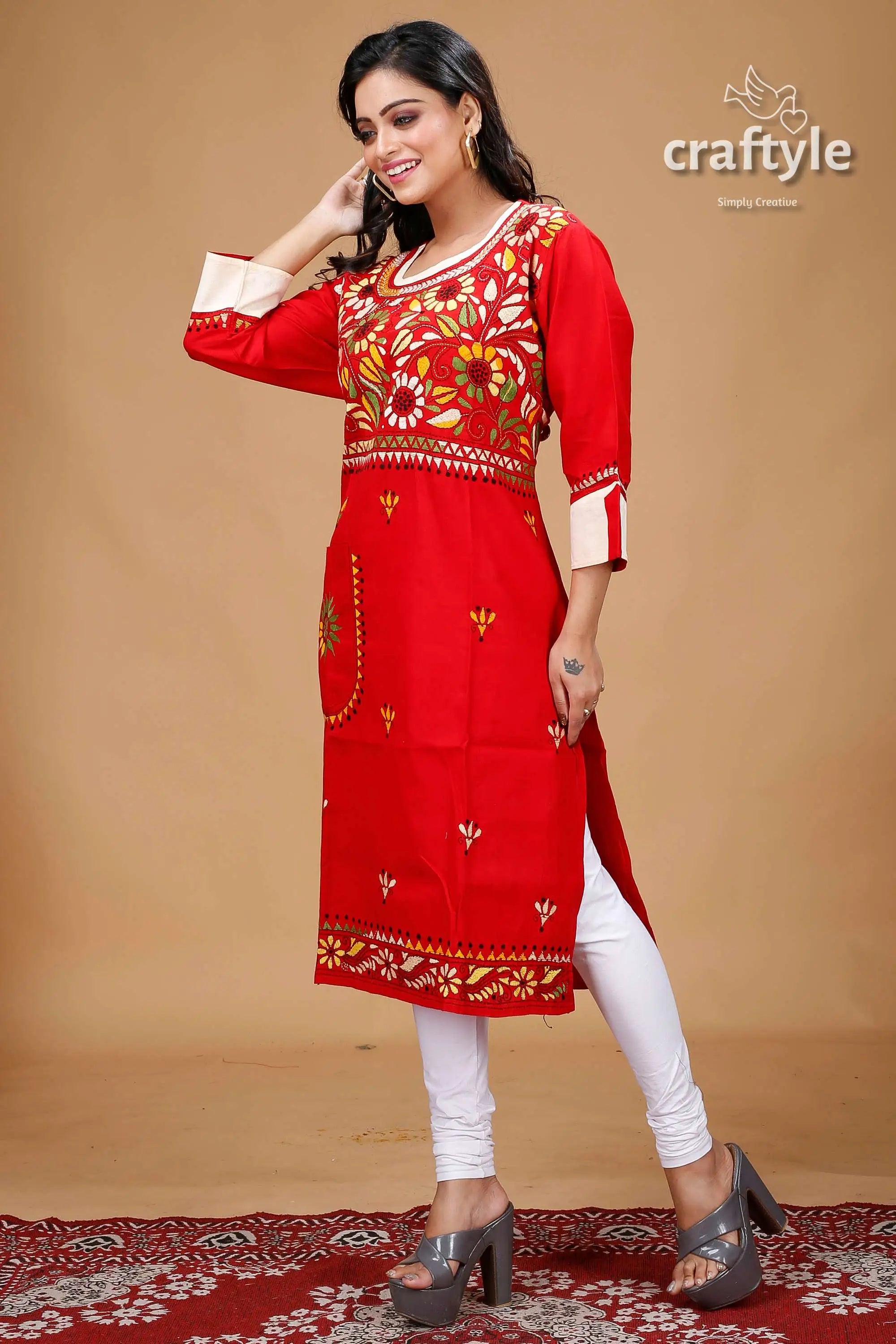 Crimson red floral motif all over embroidery cotton kantha kurti red embroidered kurta white leggings 4