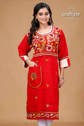 Crimson red floral motif all over embroidery cotton kantha kurti red embroidered kurta 2