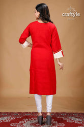 Crimson red floral motif all over embroidery cotton kantha kurti red kurta white cuffs 5