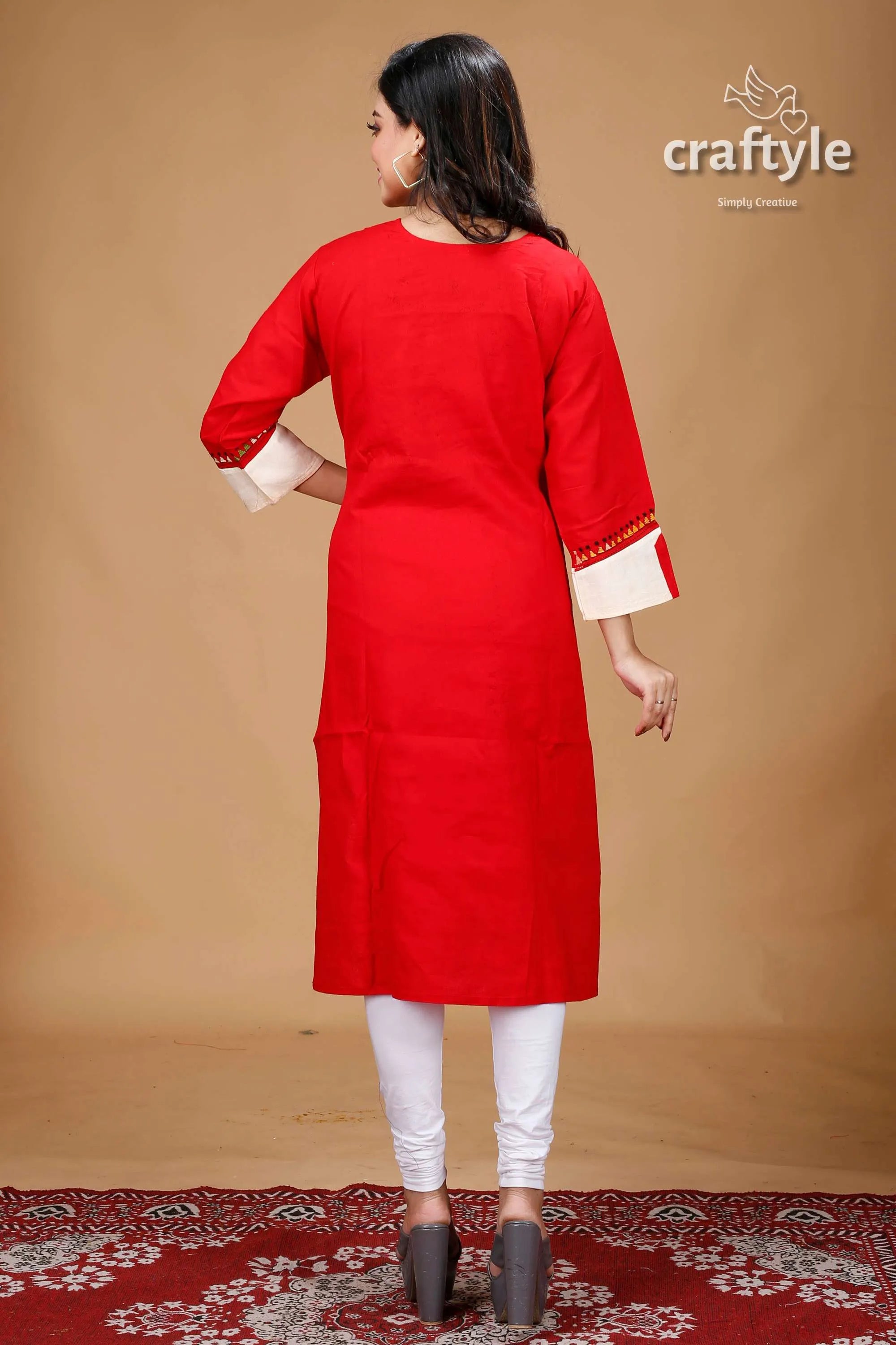 Crimson red floral motif all over embroidery cotton kantha kurti kurta white cuffs 5