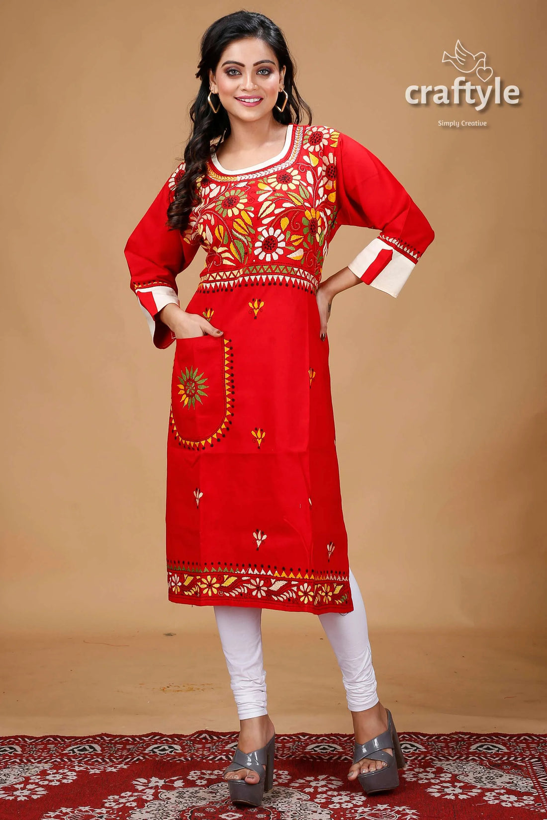 Crimson red floral motif all over embroidery cotton kantha kurti embroidered kurta pocket 1