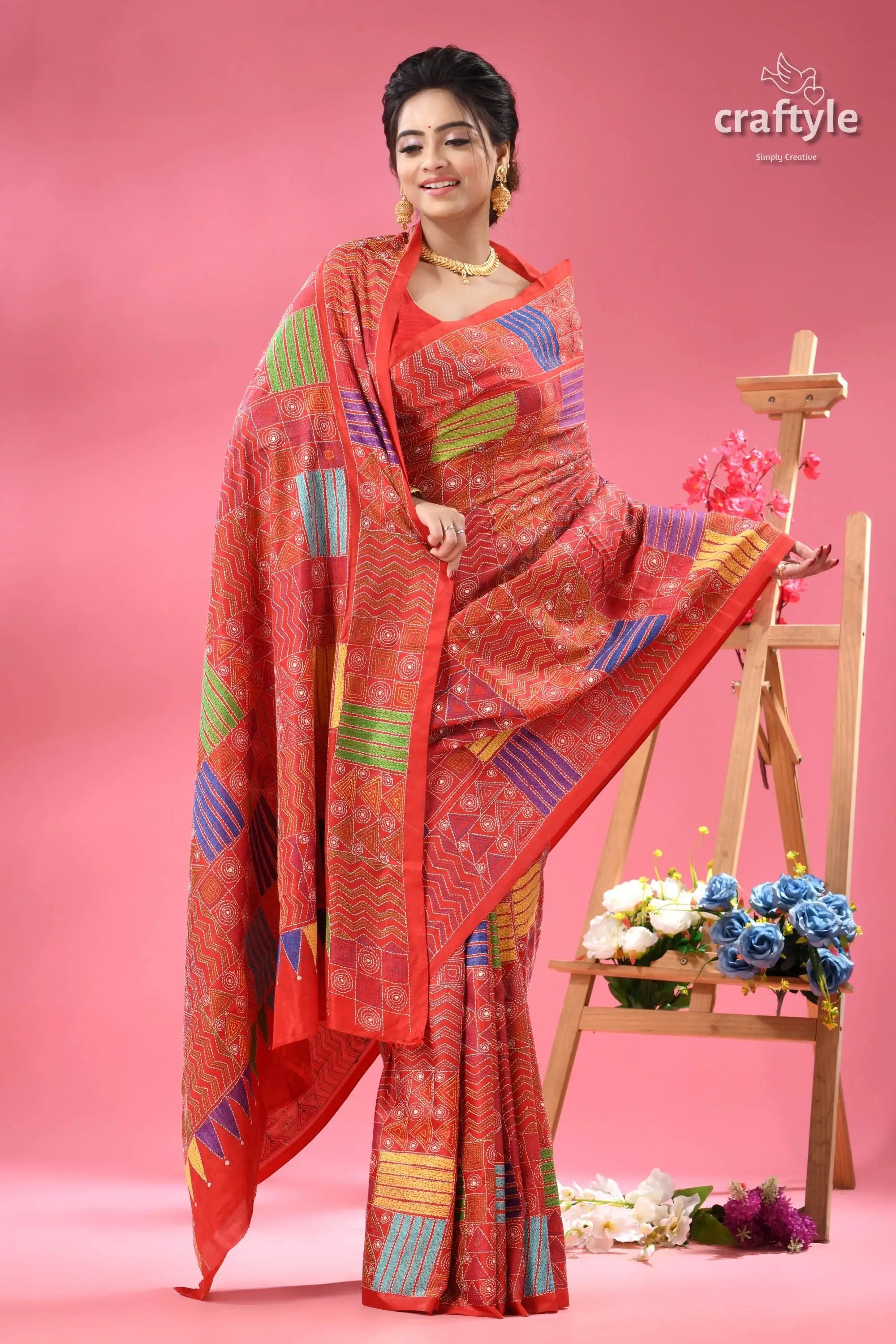 Crimson red geometric pattern silk kantha stitch saree red saree colorful geometric patterned 4
