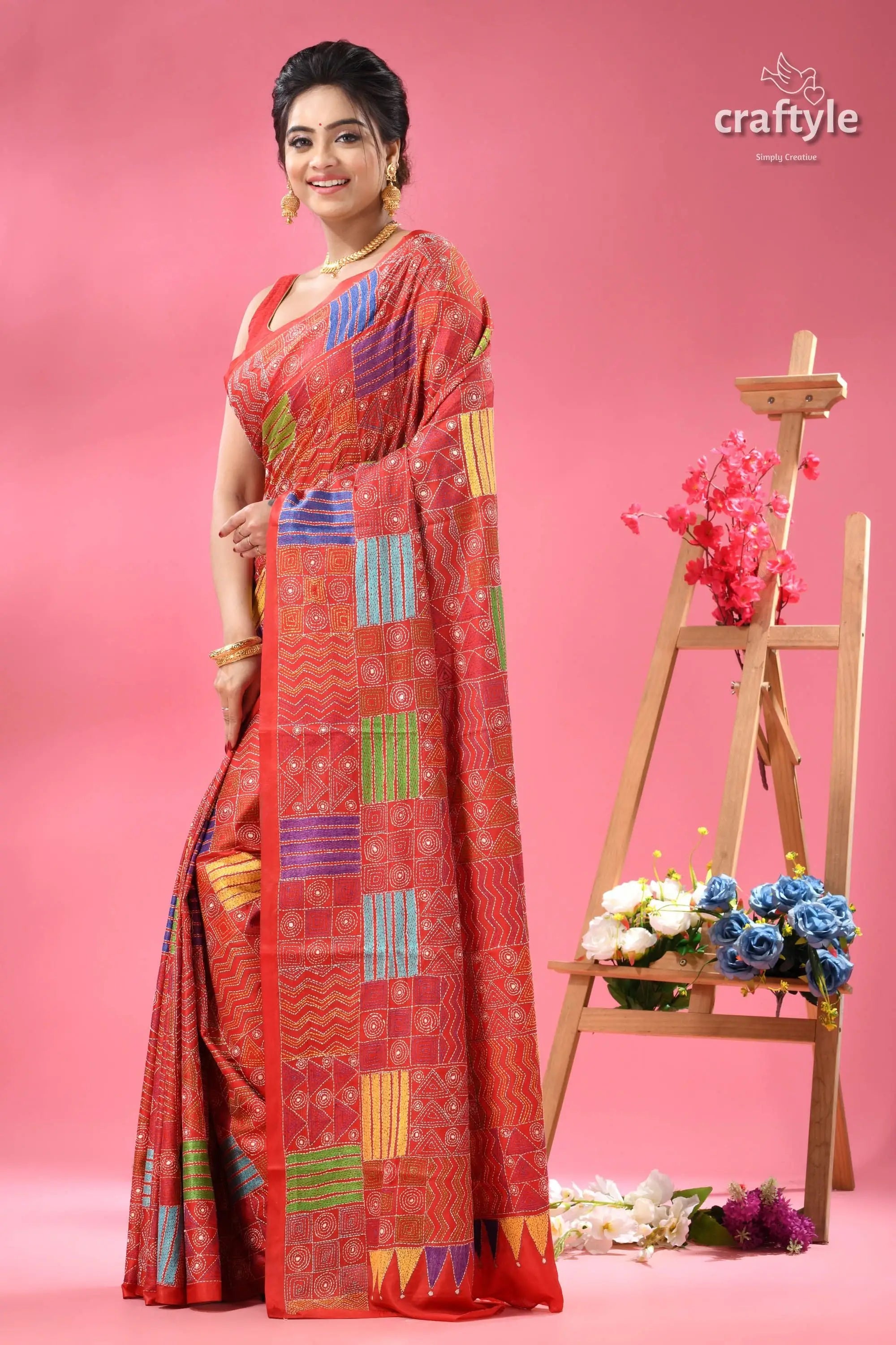 Crimson red geometric pattern silk kantha stitch saree red saree multicolored patchwork embroidery 3