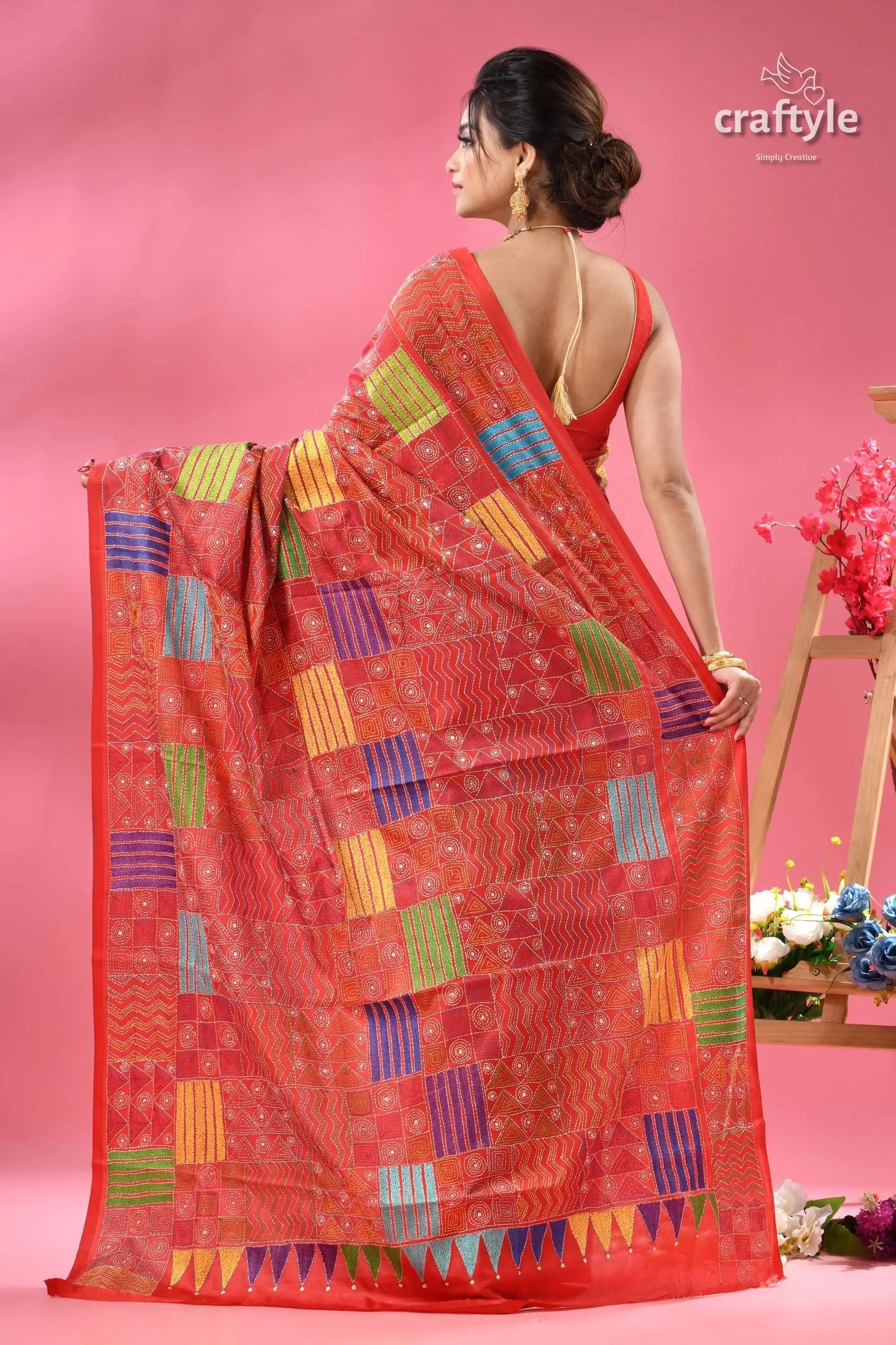 Crimson red geometric pattern silk kantha stitch saree red saree colorful rectangular patterns 5