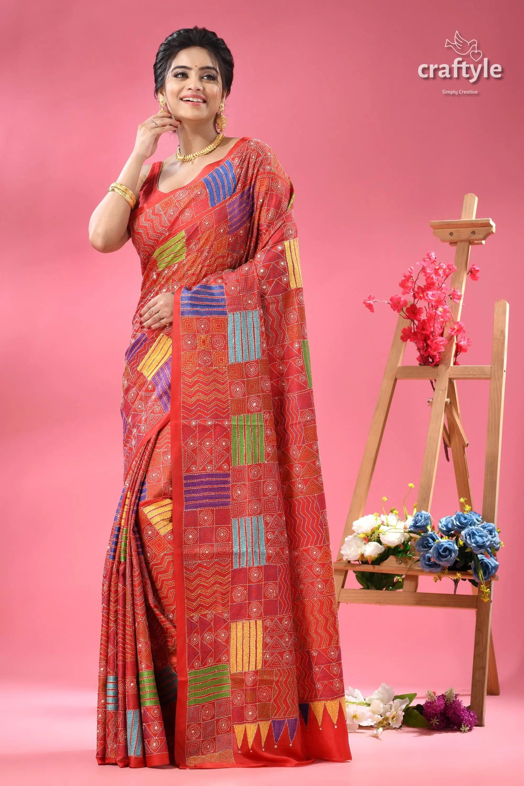 Crimson red geometric pattern silk kantha stitch saree red saree colorful geometric patterns 6
