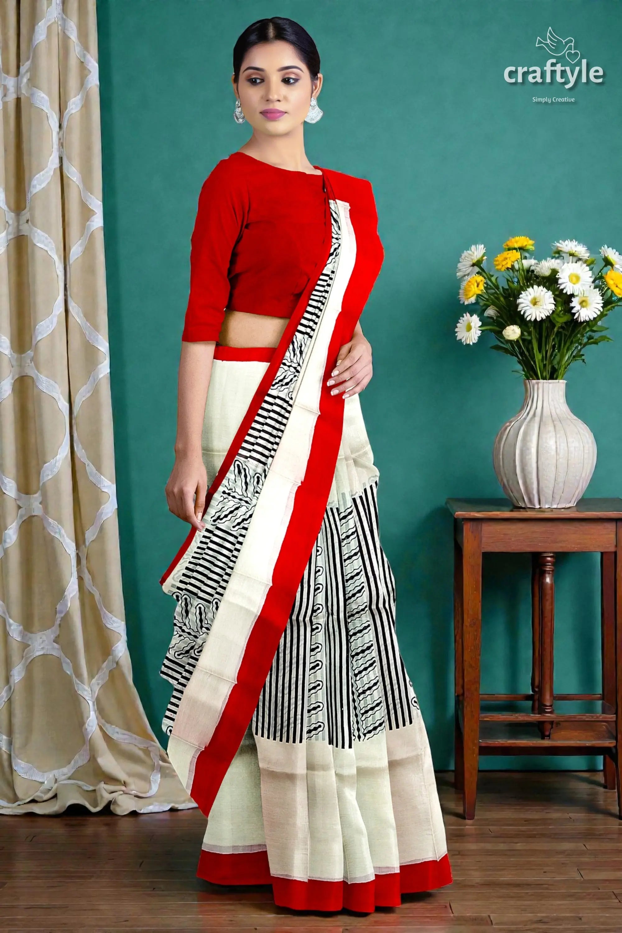 Crimson red hand block print pure mulberry silk saree with traditional white drape 3