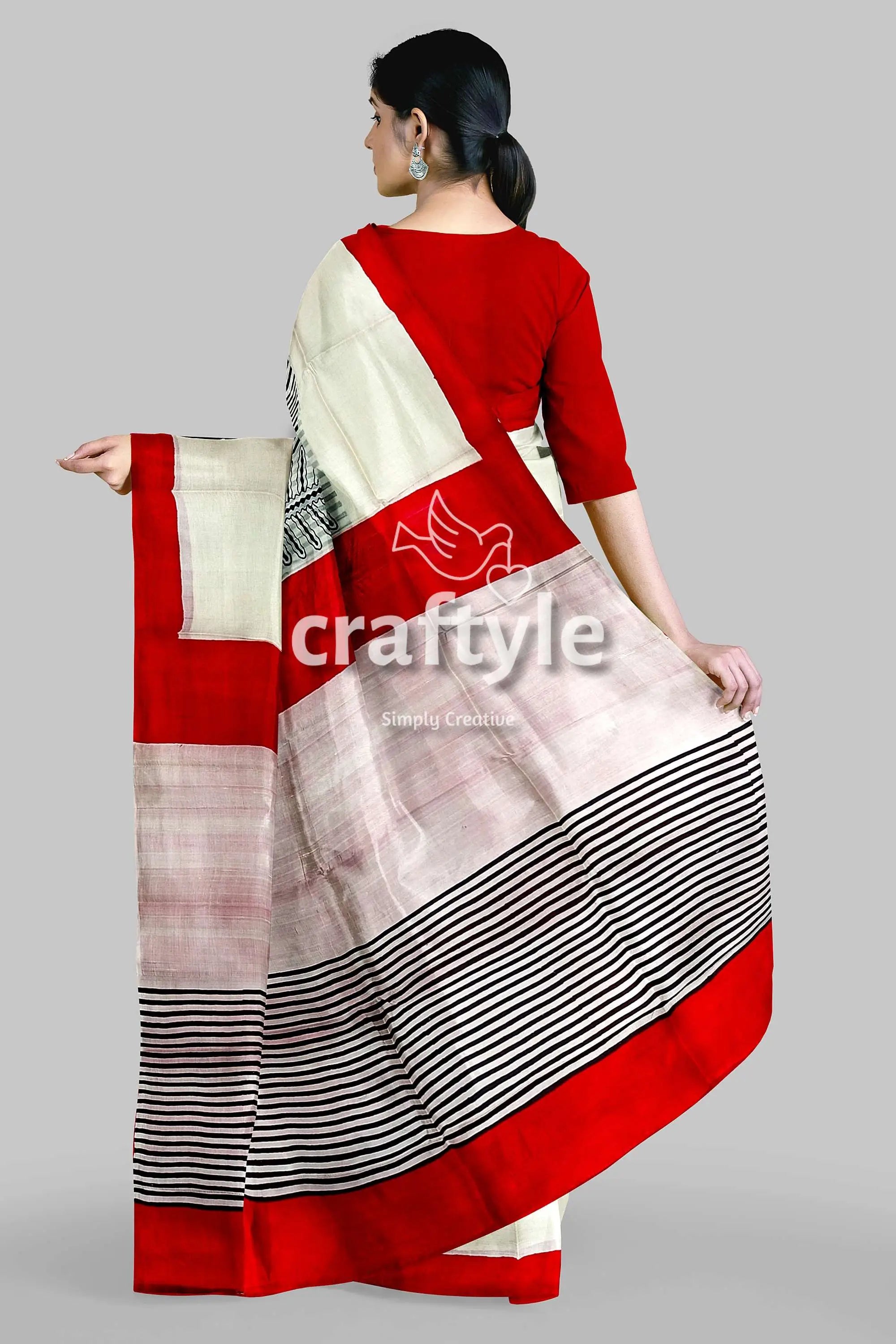 Crimson red hand block print pure mulberry silk saree with traditional white drape red white black striped saree 3