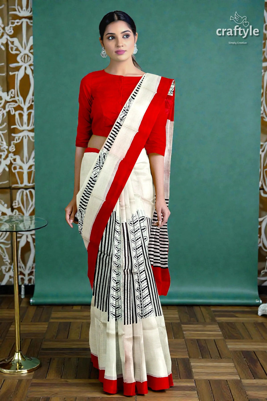 Crimson red hand block print pure mulberry silk saree with traditional white drape 2