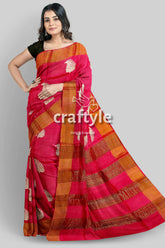 Crimson red hand block print pure tussar silk saree with zari border woman pink gold saree 2