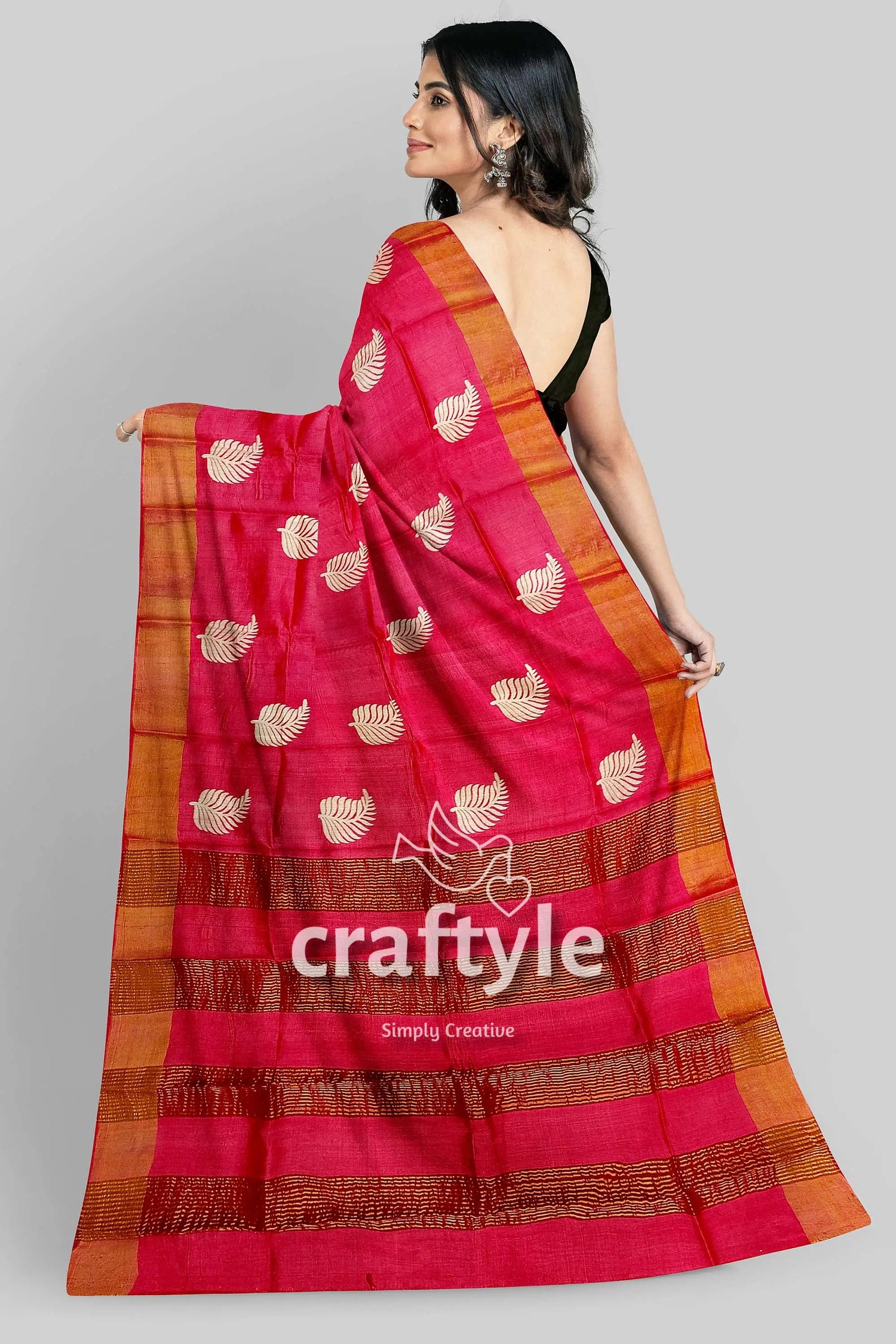 Crimson red hand block print pure tussar silk saree with zari border pink gold patterned saree 6