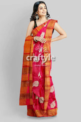 Crimson red hand block print pure tussar silk saree with zari border woman pink orange saree 3