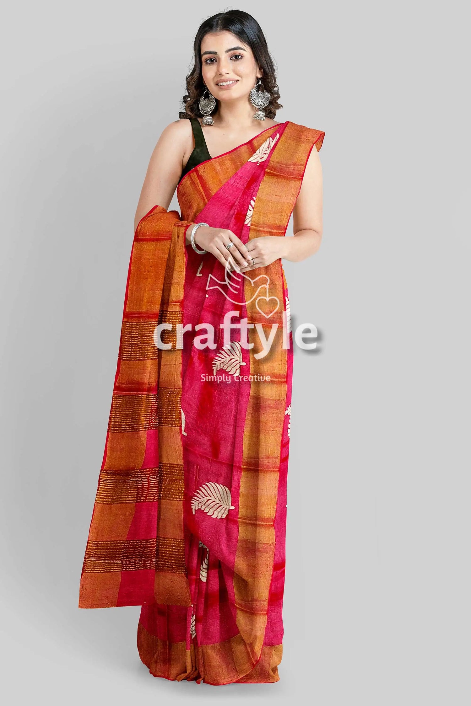Crimson red hand block print pure tussar silk saree with zari border pink orange saree 4