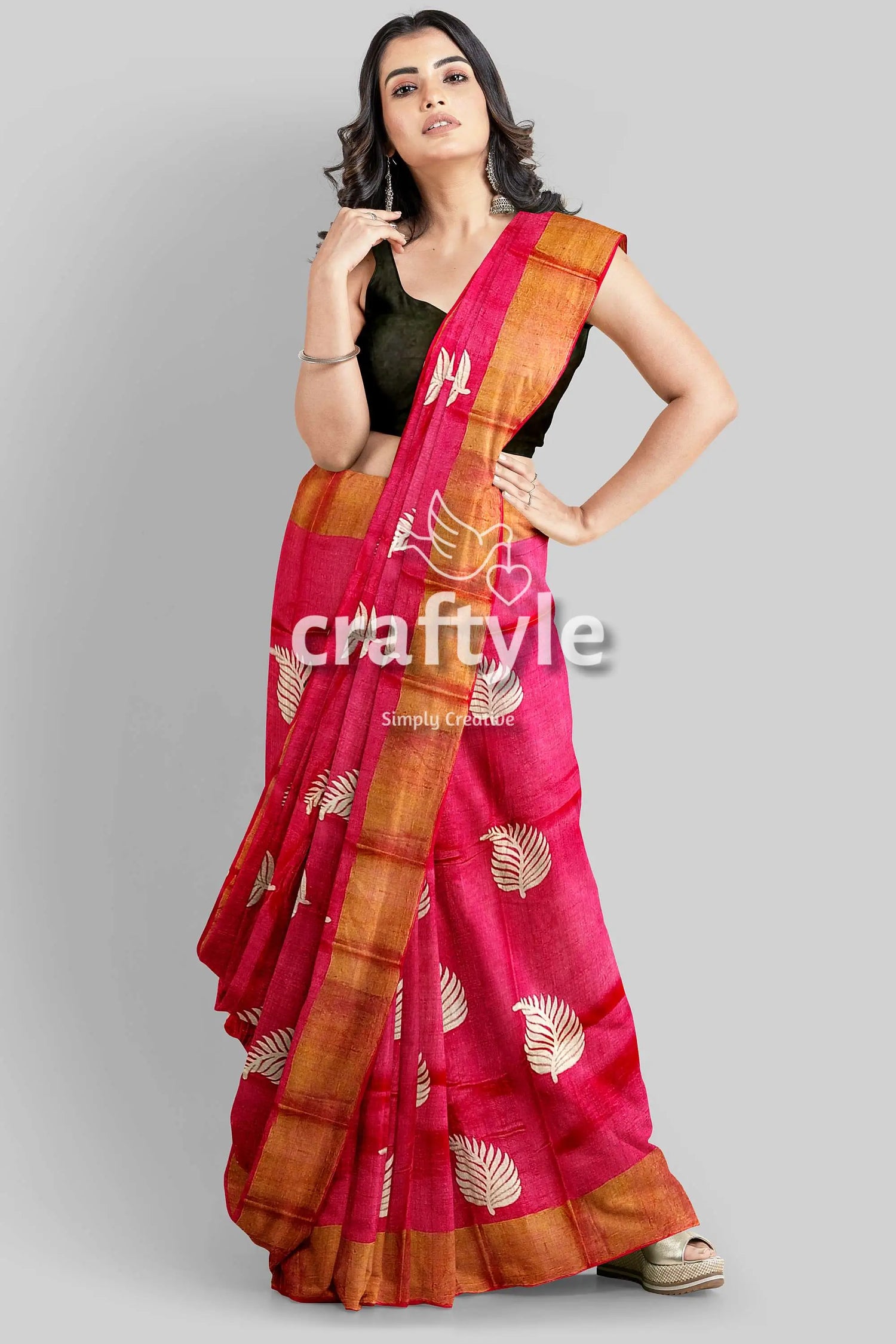 Crimson red hand block print pure tussar silk saree with zari border pink saree leaf pattern 5