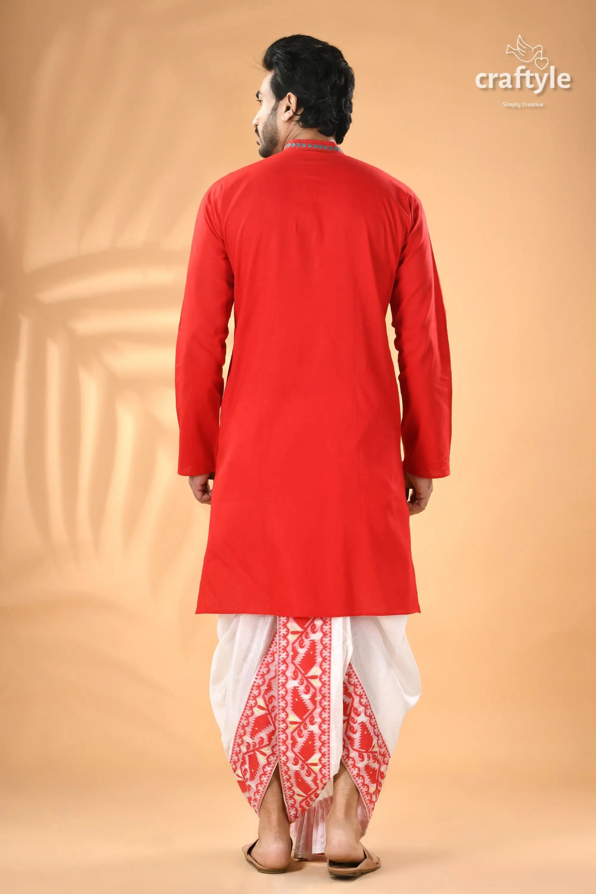 Crimson red hand embroidered kantha mens kurta red kurta white patterned dhoti 6