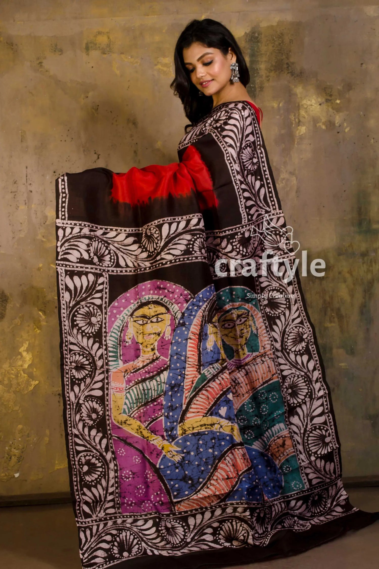 Crimson red hand painted batik mulberry pure silk saree woman batik saree 4