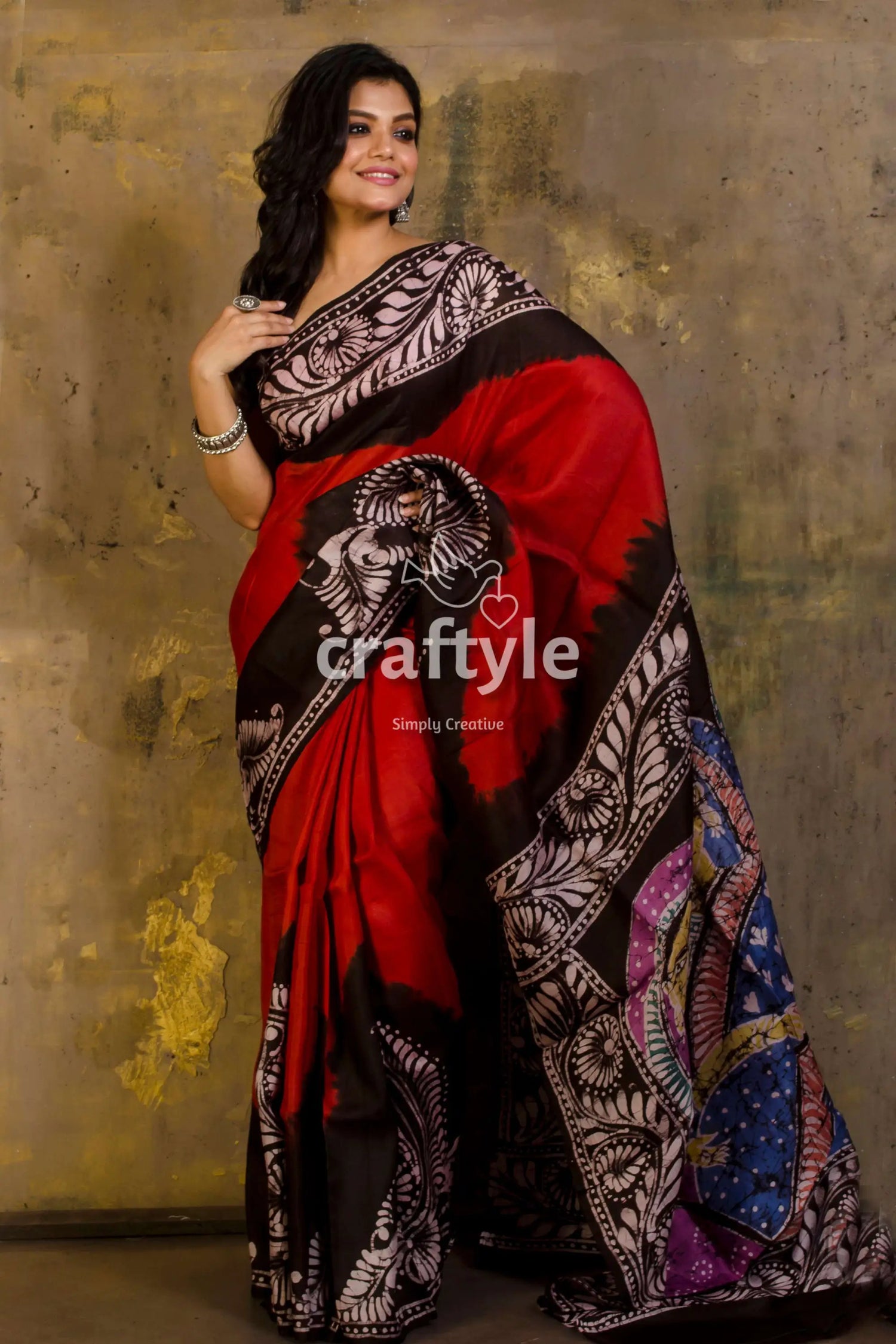 Crimson red hand painted batik mulberry pure silk saree red black patterned saree 2