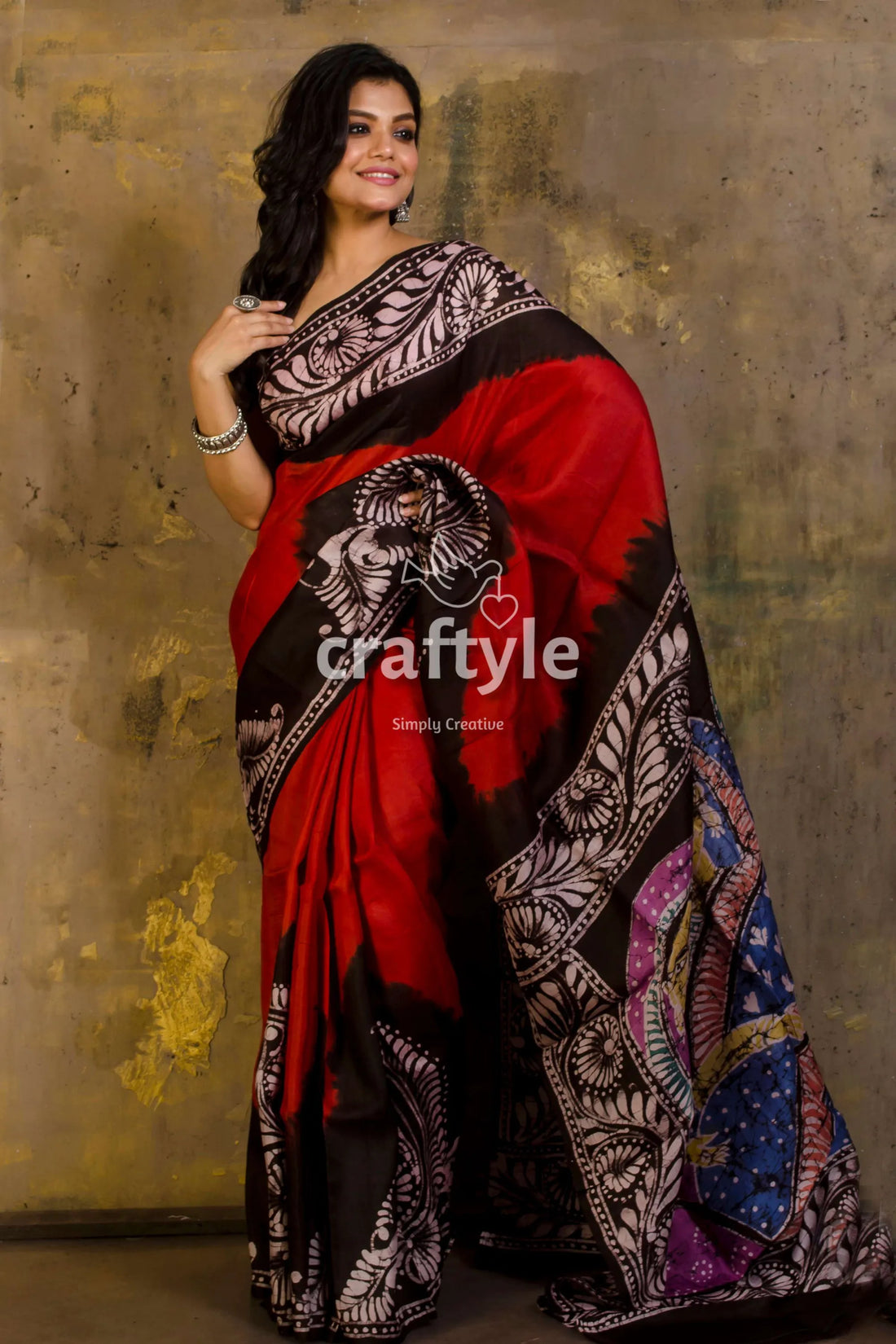 Crimson red hand painted batik mulberry pure silk saree black patterned 2