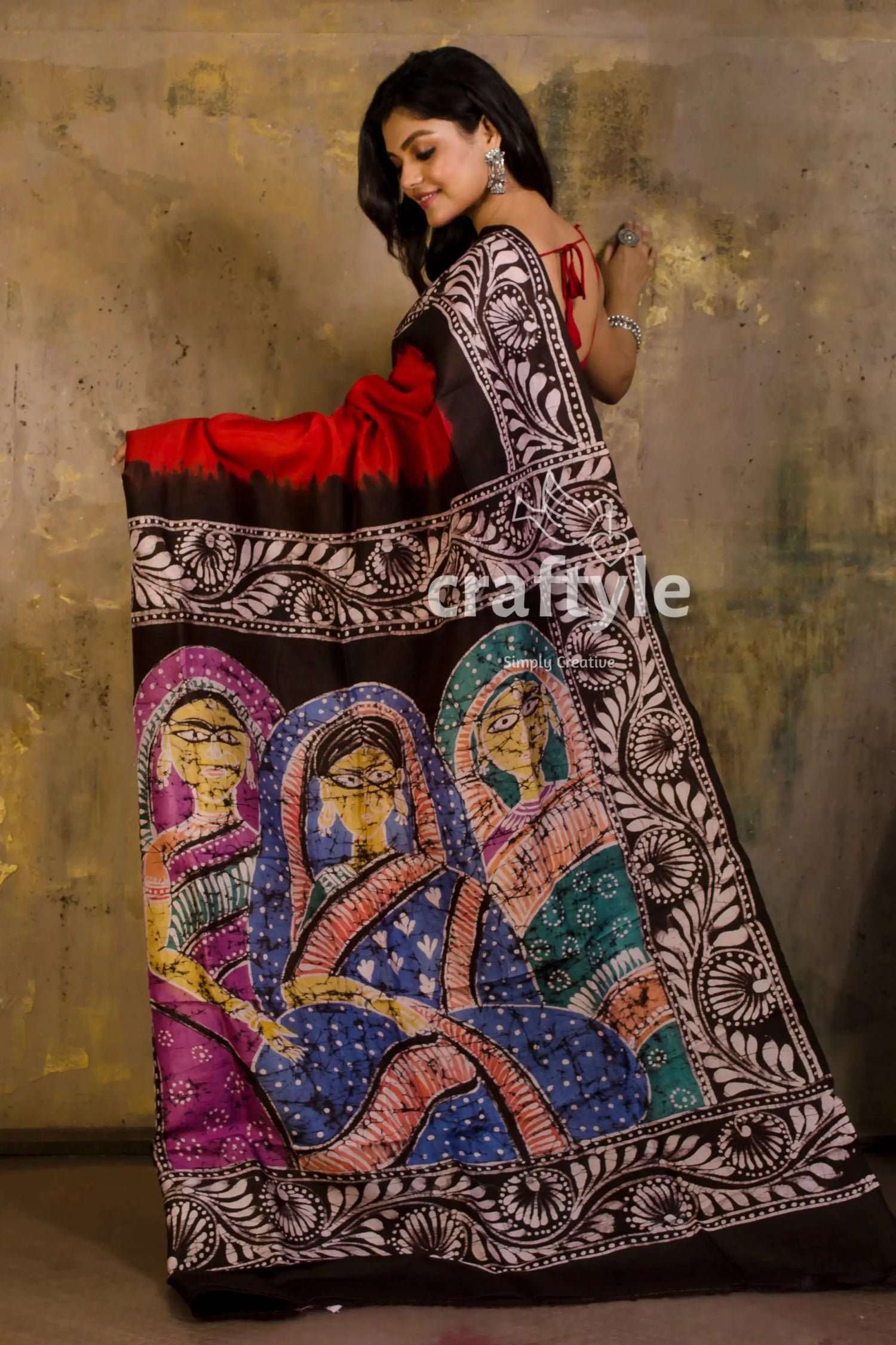 Crimson red hand painted batik mulberry pure silk saree woman batik saree 3