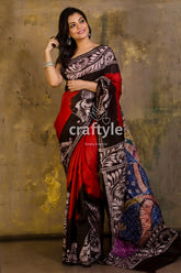 Crimson red hand painted batik mulberry pure silk saree elegant red black patterned saree 1