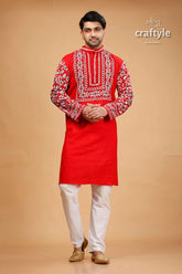 Crimson red kantha stitch cotton kurta for men red embroidered kurta white pants 1