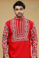 Crimson red kantha stitch cotton kurta for men red kurta white embroidery 2