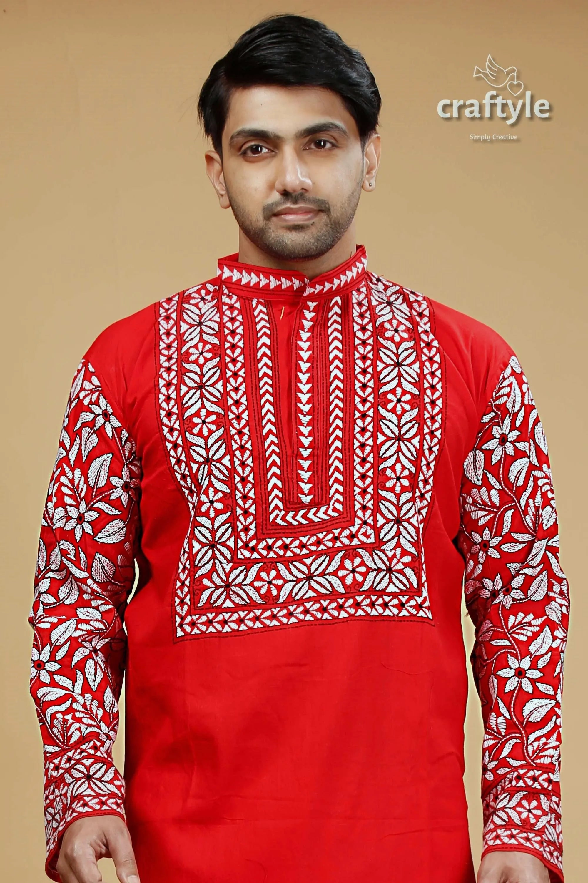 Crimson red kantha stitch cotton kurta for men red kurta white embroidery 2