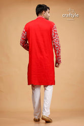 Crimson red kantha stitch cotton kurta for men red embroidered kurta pajama set 5